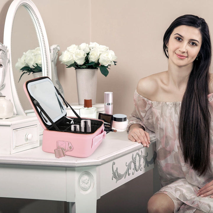 Travel Makeup Bag with LED Mirror Makeup Case Organizer with 3 Light Colors Adjustable Dividers Brush Holder Magnifying Mirror Dimmable USB Rechargeable