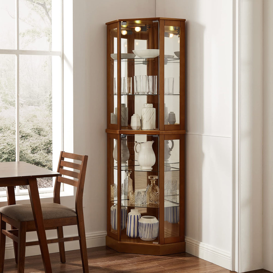 6 Shelf Corner Curio Display Cabinet with Lights, Mirrors and Adjustable Shelves, (E26 light bulb not included)