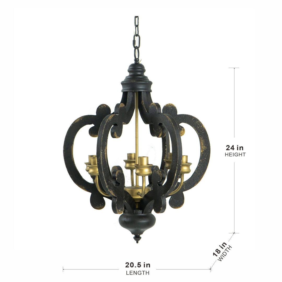 French Country Wood Chandelier, 6-Light Farmhouse Pendant Light Fixture with 28" Adjustable Chain for Kitchen Foyer Hallway, Bulb Not Included