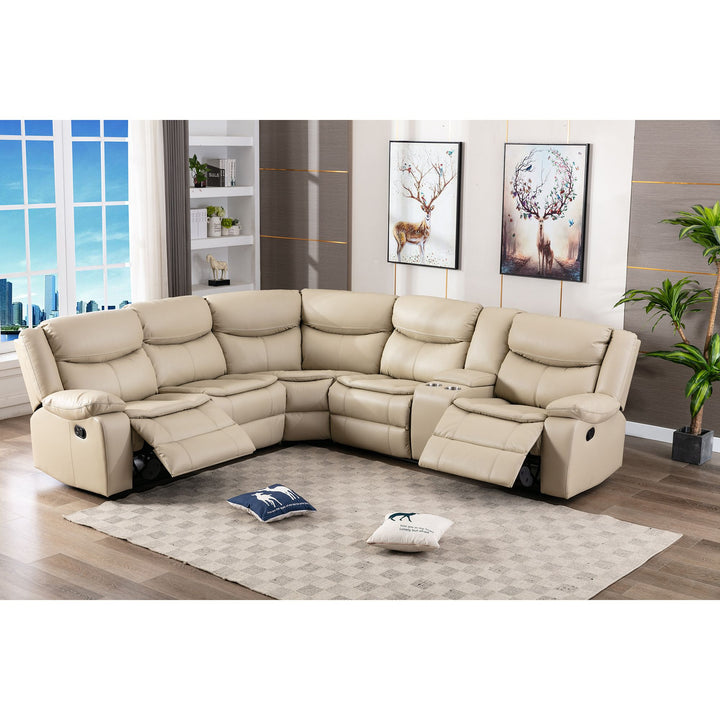 L Shape Breath Leather Power Reclining Sectional Sofa Set with USB Port, Cream