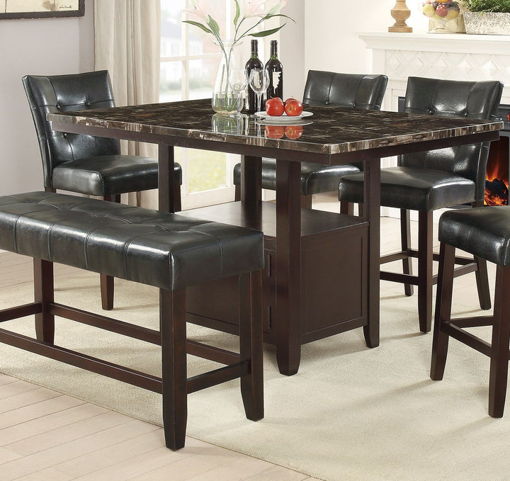 Dining Room Furniture 6pc Counter Height Dining Set Dining Table w Storage 4x High Chairs 1x Bench Black Faux Leather Tufted Seats Faux Marble Table Top