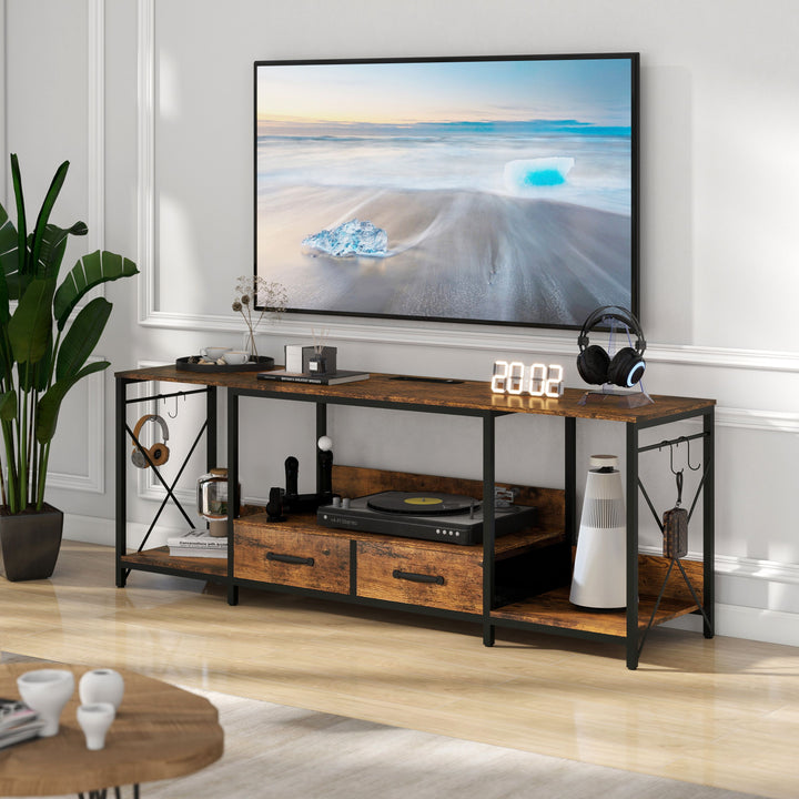 TV Stand with LED Lights Power Outlets - TV Stand with Fabric Drawers for 65 70 75 Inches TV - Entertainment Center and Industrial TV Console Table with Open Storage Shelves for Living Room, Bedroom