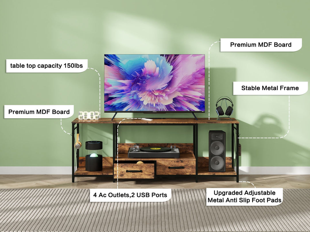 TV Stand with LED Lights Power Outlets - TV Stand with Fabric Drawers for 65 70 75 Inches TV - Entertainment Center and Industrial TV Console Table with Open Storage Shelves for Living Room, Bedroom