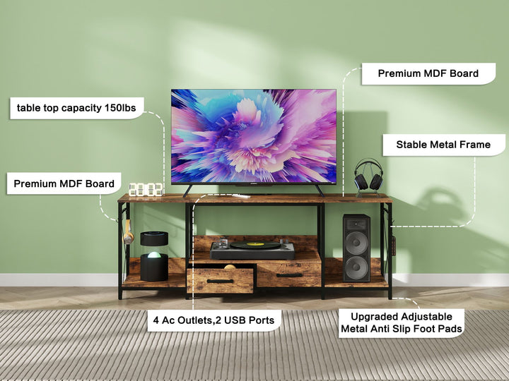 TV Stand with LED Lights Power Outlets - TV Stand with Fabric Drawers for 65 70 75 Inches TV - Entertainment Center and Industrial TV Console Table with Open Storage Shelves for Living Room, Bedroom