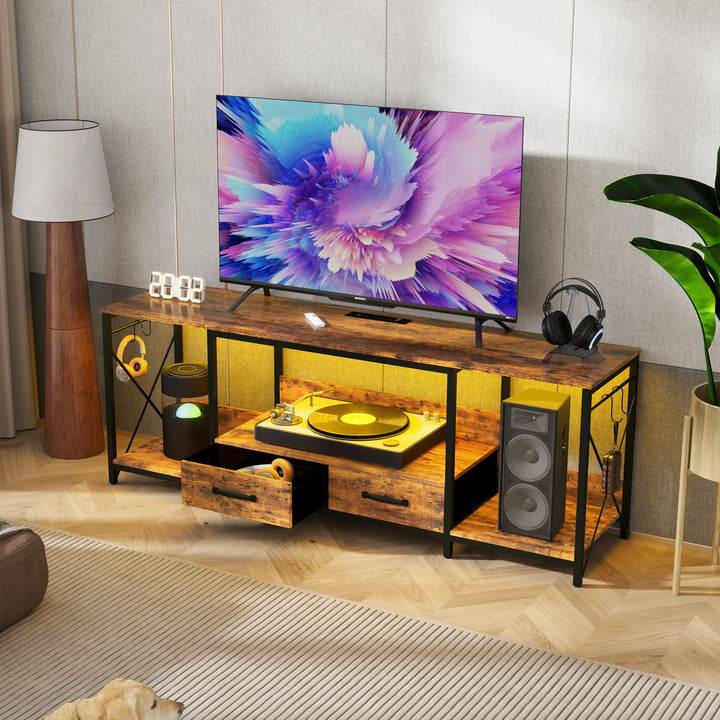 TV Stand with LED Lights Power Outlets - TV Stand with Fabric Drawers for 65 70 75 Inches TV - Entertainment Center and Industrial TV Console Table with Open Storage Shelves for Living Room, Bedroom