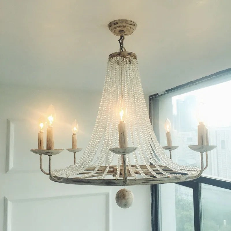 Crylite French Country Candle-Shaped 8-Light Crystal Bead Strands Metal Wheel Chandelier