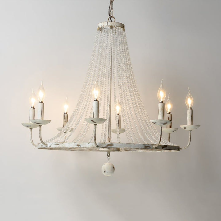 Crylite French Country Candle-Shaped 8-Light Crystal Bead Strands Metal Wheel Chandelier