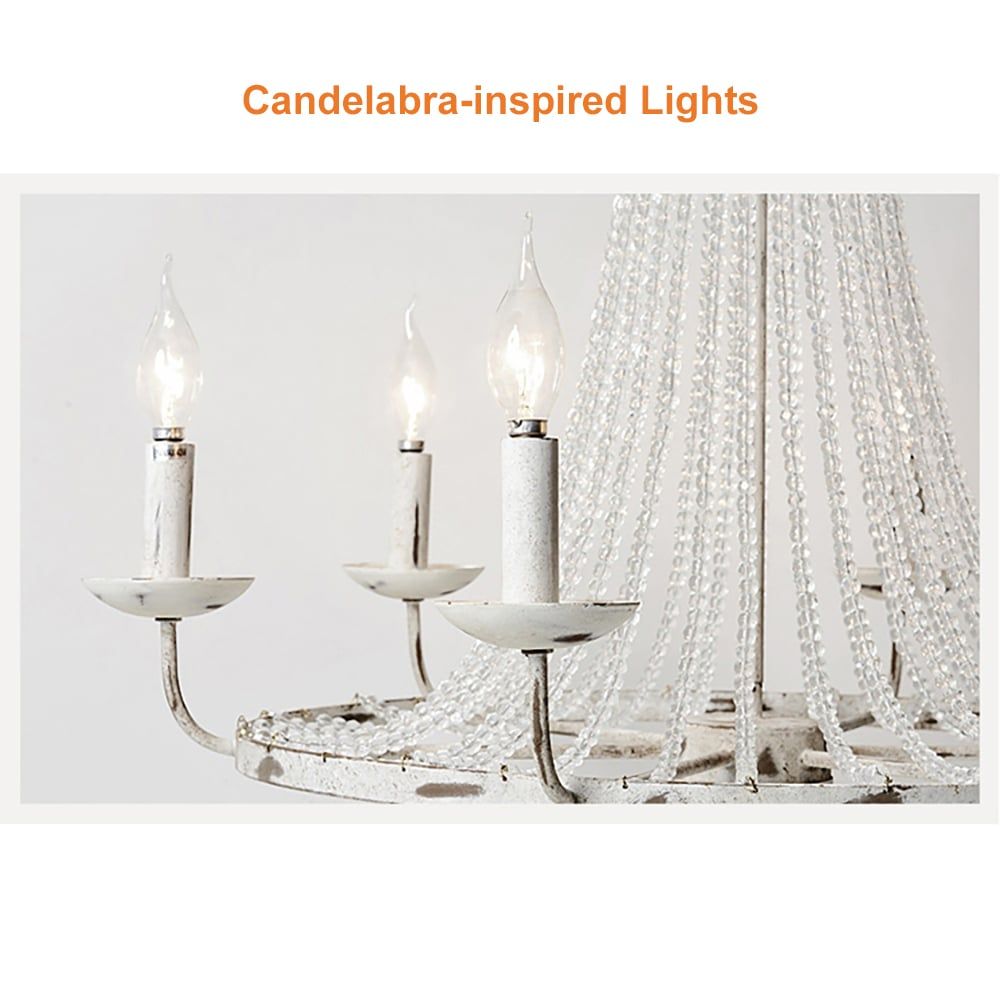 Crylite French Country Candle-Shaped 8-Light Crystal Bead Strands Metal Wheel Chandelier