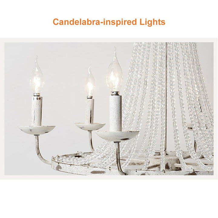 Crylite French Country Candle-Shaped 8-Light Crystal Bead Strands Metal Wheel Chandelier
