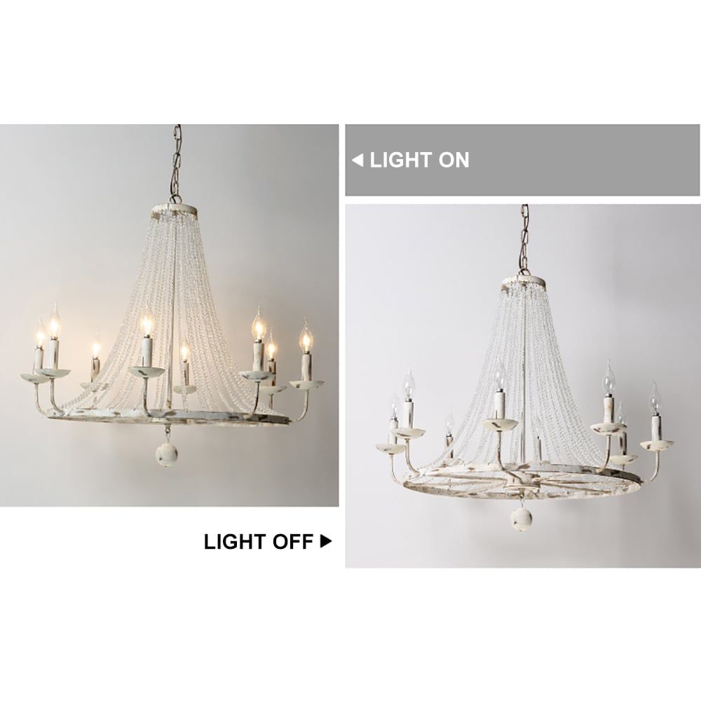 Crylite French Country Candle-Shaped 8-Light Crystal Bead Strands Metal Wheel Chandelier