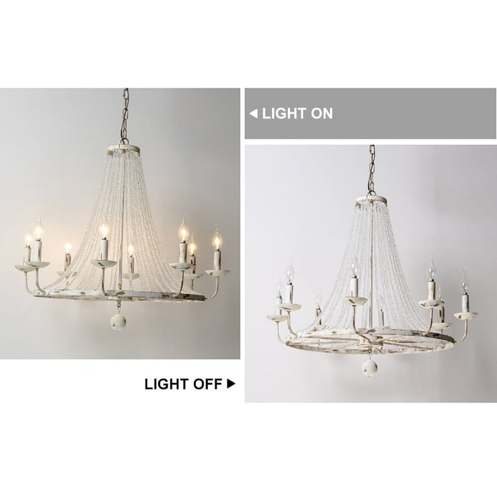 Crylite French Country Candle-Shaped 8-Light Crystal Bead Strands Metal Wheel Chandelier