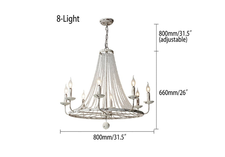 Crylite French Country Candle-Shaped 8-Light Crystal Bead Strands Metal Wheel Chandelier