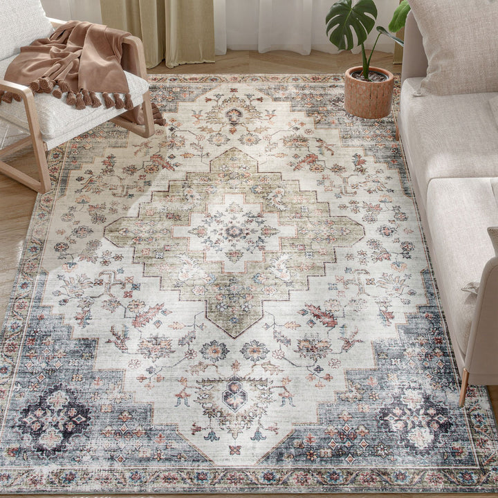 HOMCOM 5x7 Area Rug, Vintage Machine Washable Rug, Non-Slip Carpet for Living Room, Bedroom, Dining Room, Brown and Green