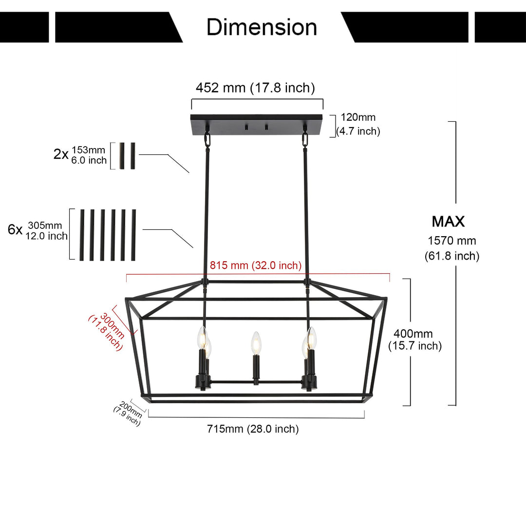 5-Light Kitchen Island Lighting Linear Traditional Classic Chandeliers, Farmhouse Dining Room Light Candle Pendant Lighting Hanging Matte Black Finish for Foyer Restaurant, E12 Base