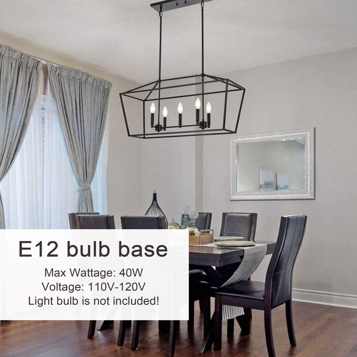 5-Light Kitchen Island Lighting Linear Traditional Classic Chandeliers, Farmhouse Dining Room Light Candle Pendant Lighting Hanging Matte Black Finish for Foyer Restaurant, E12 Base