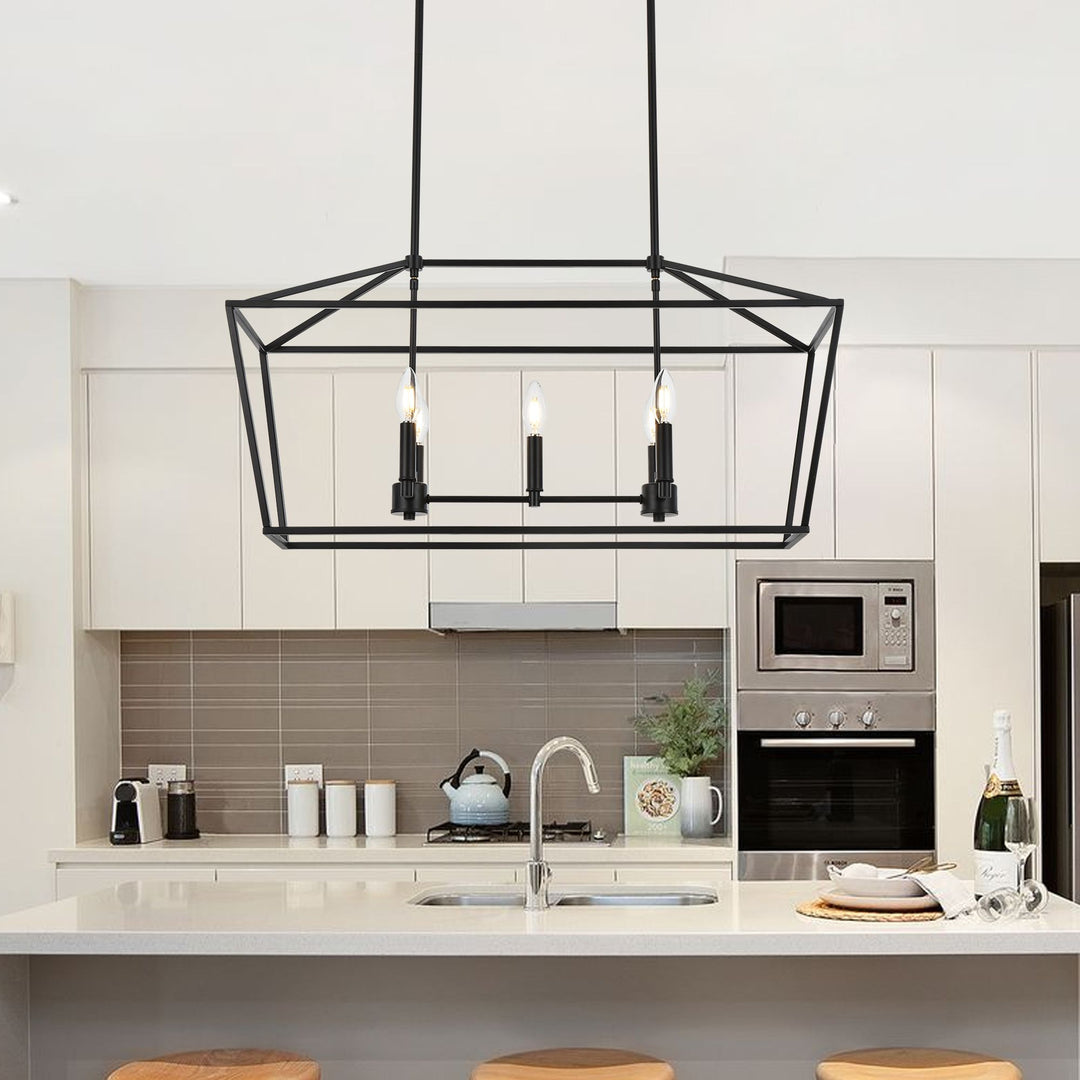 5-Light Kitchen Island Lighting Linear Traditional Classic Chandeliers, Farmhouse Dining Room Light Candle Pendant Lighting Hanging Matte Black Finish for Foyer Restaurant, E12 Base