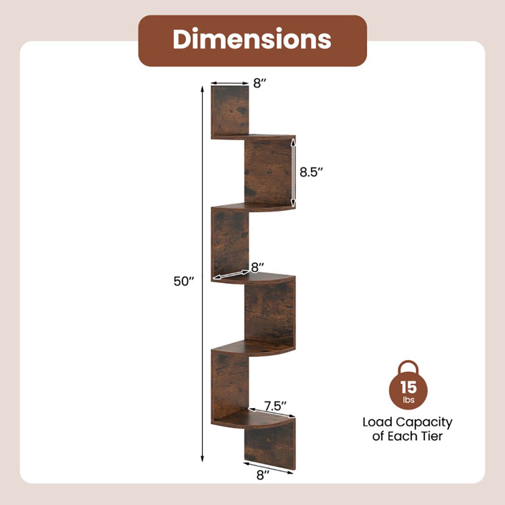 5-Tier Corner Shelf Floating Bookshelf Wall Mounted Storage Organizer