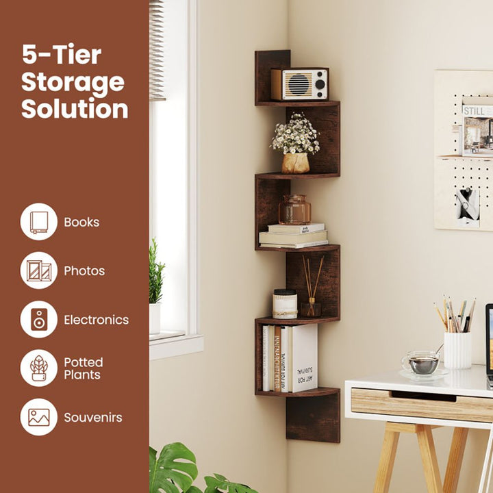 5-Tier Corner Shelf Floating Bookshelf Wall Mounted Storage Organizer