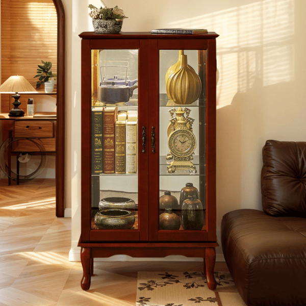 Curio Cabinet Lighted Curio Diapaly Cabinet with Adjustable Shelves and Mirrored Back Panel, Tempered Glass Doors