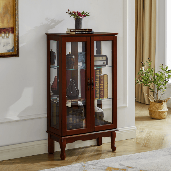 Curio Cabinet Lighted Curio Diapaly Cabinet with Adjustable Shelves and Mirrored Back Panel, Tempered Glass Doors