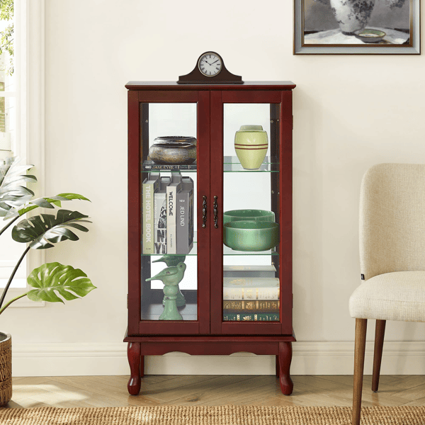 Curio Cabinet Lighted Curio Diapaly Cabinet with Adjustable Shelves and Mirrored Back Panel, Tempered Glass Doors