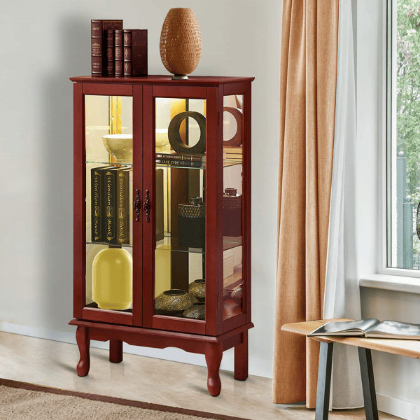 Curio Cabinet Lighted Curio Diapaly Cabinet with Adjustable Shelves and Mirrored Back Panel, Tempered Glass Doors