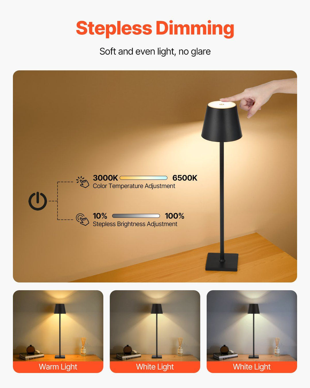 Cordless Table Lamp 2 PCS Rechargeable Battery Desk Lamp Adjustable Height Black