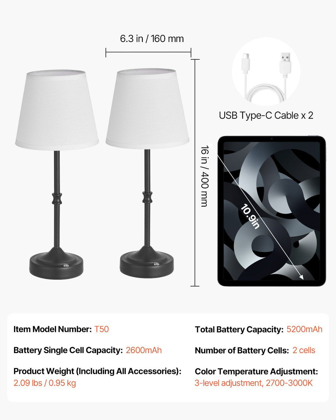 Cordless Table Lamp 2 Pack Rechargeable Battery Desk Lamp Fabric Shade Black