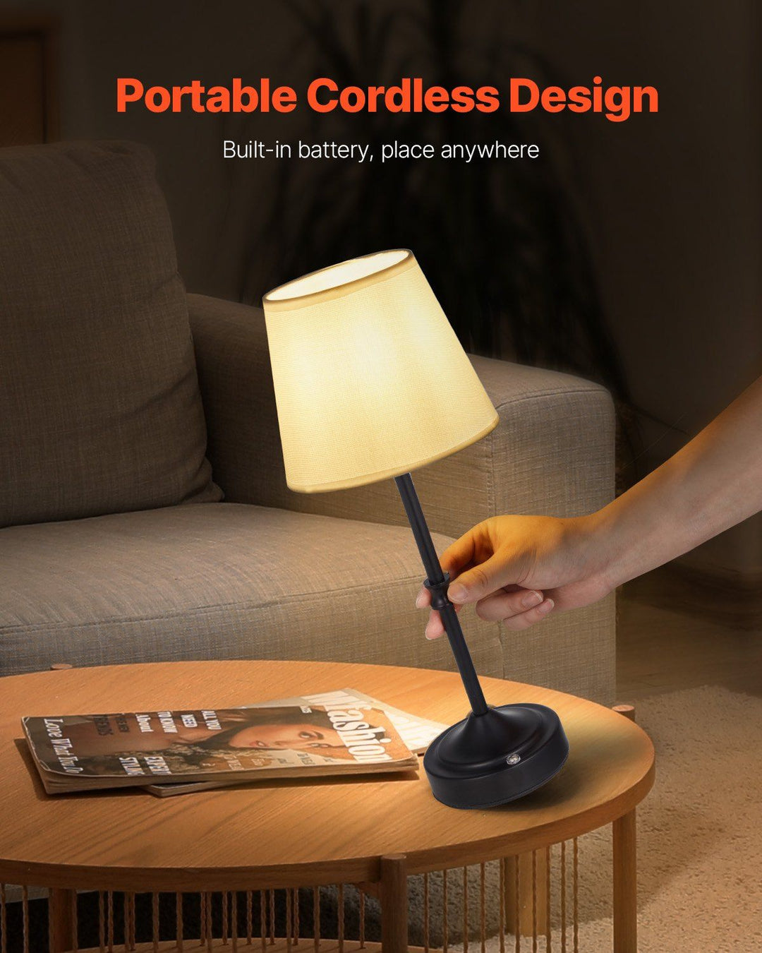 Cordless Table Lamp 2 Pack Rechargeable Battery Desk Lamp Fabric Shade Black