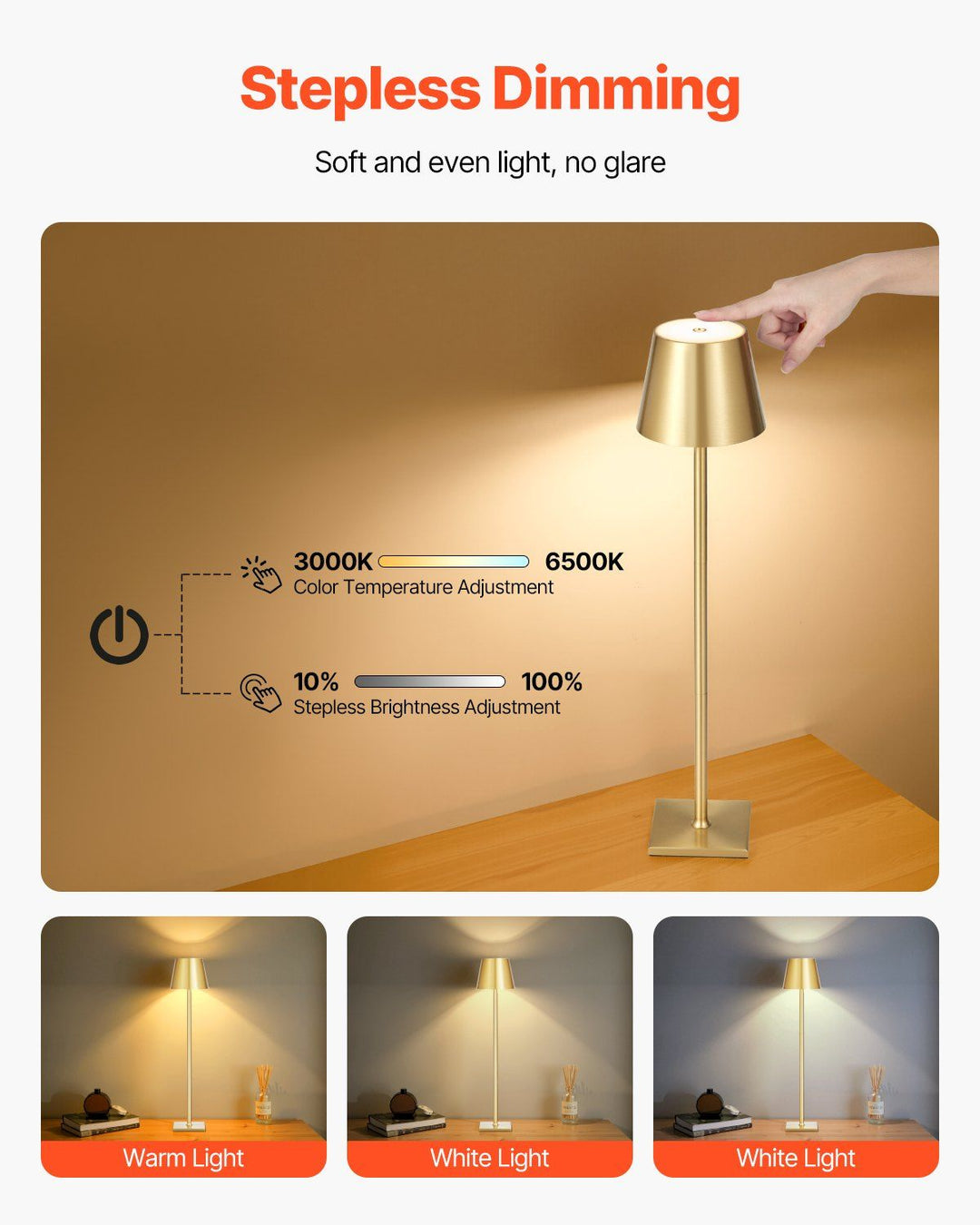 Cordless Table Lamp 2 PCS Rechargeable Battery Desk Lamp Adjustable Height Gold