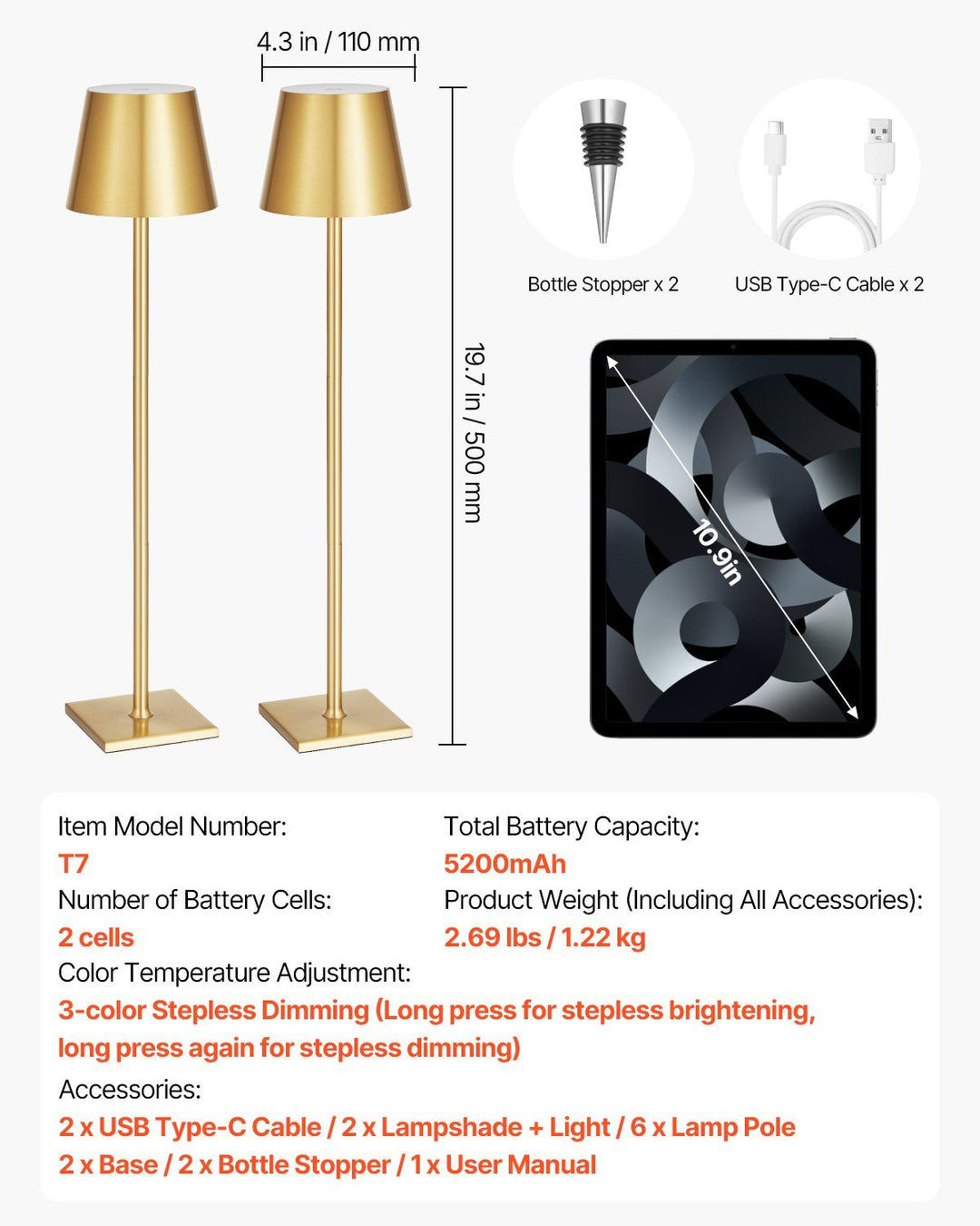 Cordless Table Lamp 2 PCS Rechargeable Battery Desk Lamp Adjustable Height Gold