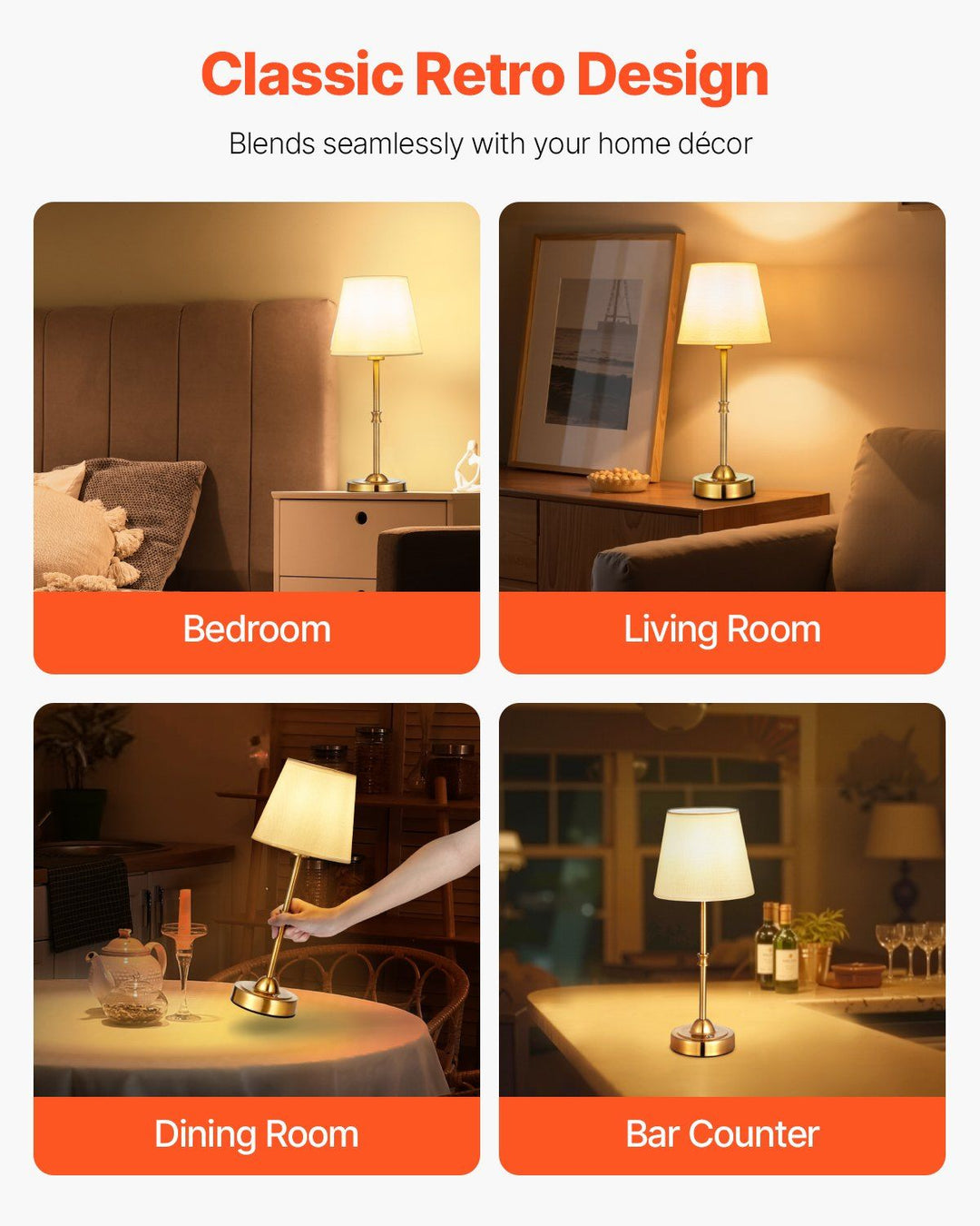 Cordless Table Lamp 5200mAh Rechargeable Battery Desk Lamp Fabric Shade Gold