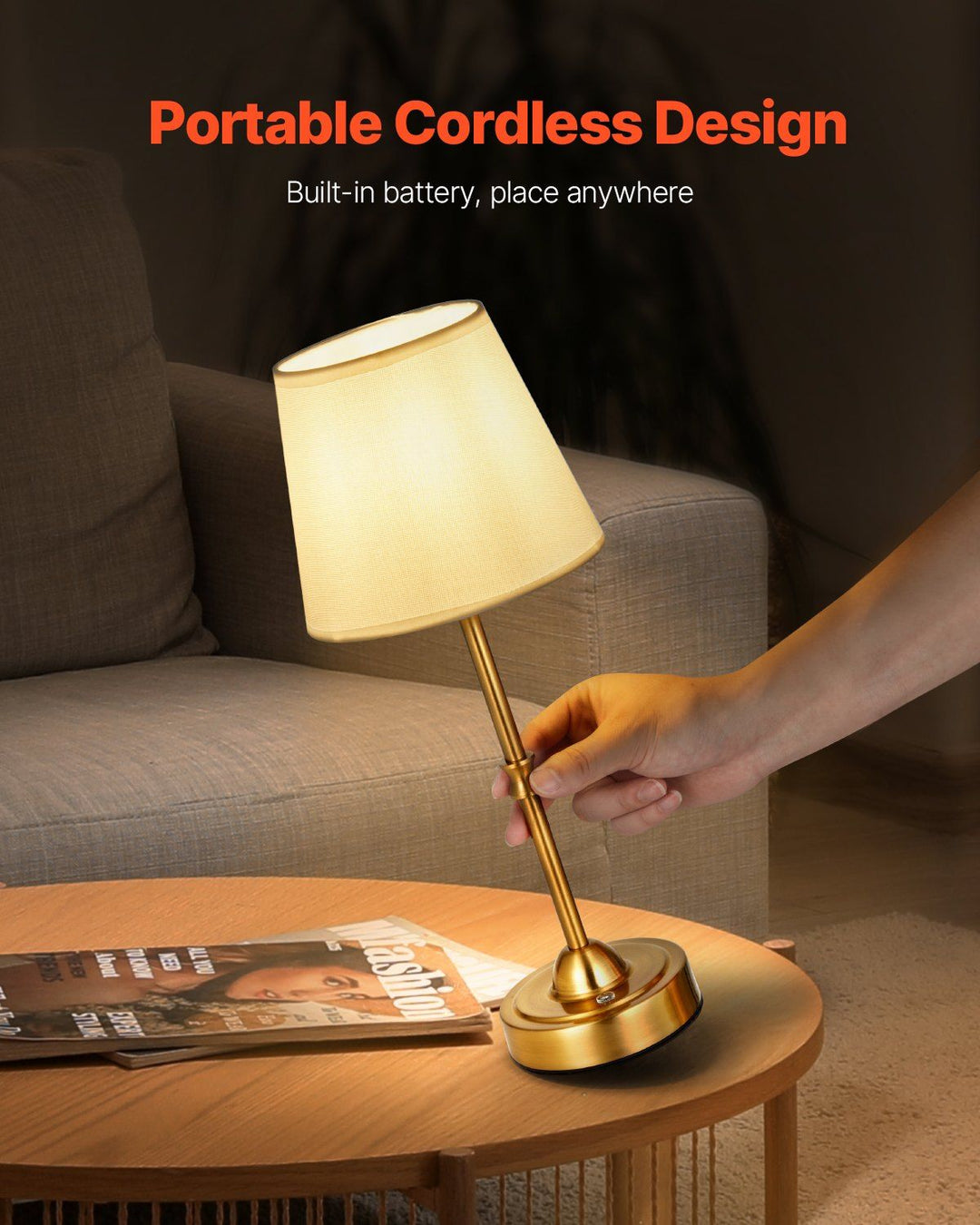 Cordless Table Lamp 5200mAh Rechargeable Battery Desk Lamp Fabric Shade Gold