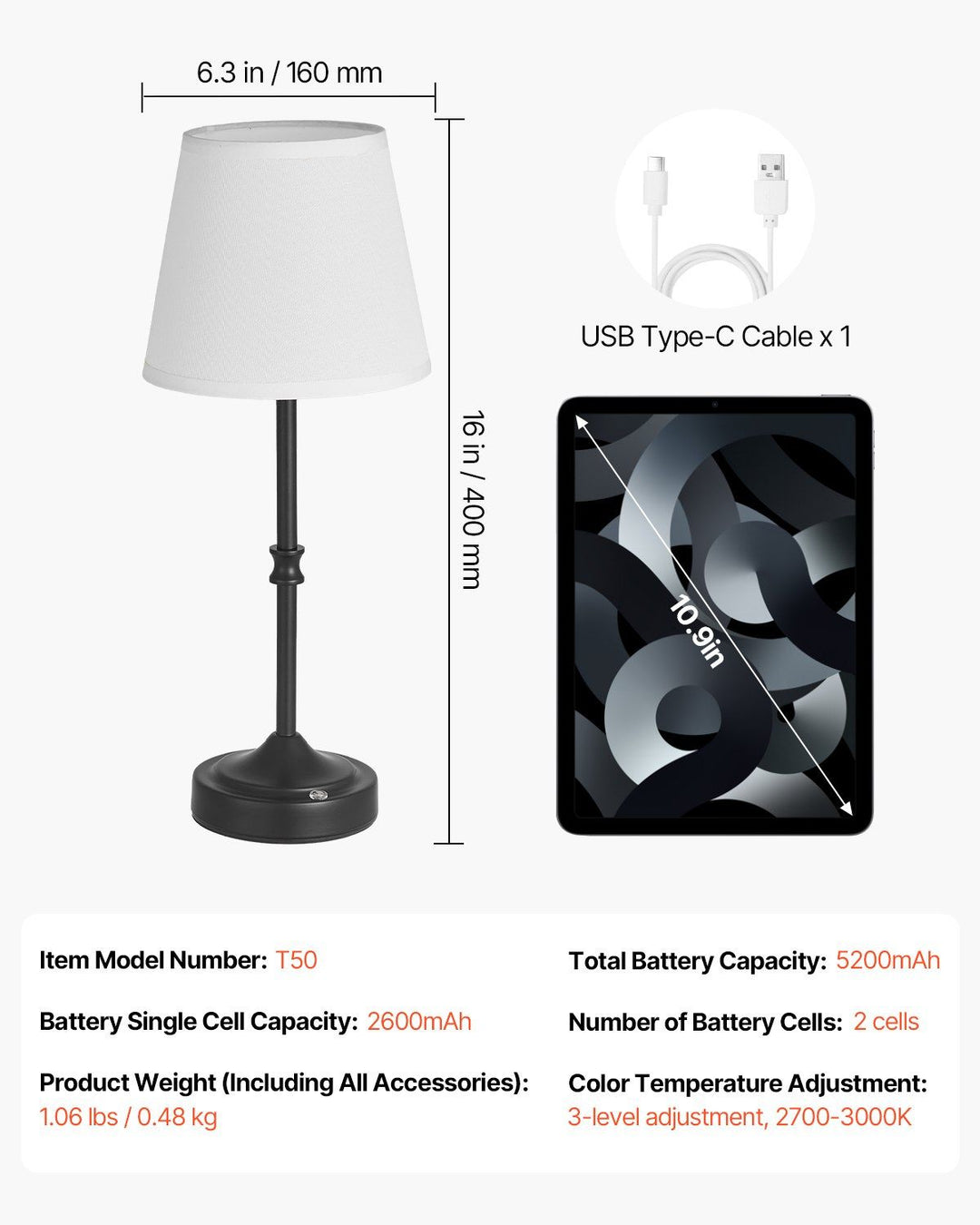 Cordless Table Lamp 5200mAh Rechargeable Battery Desk Lamp Fabric Shade Black