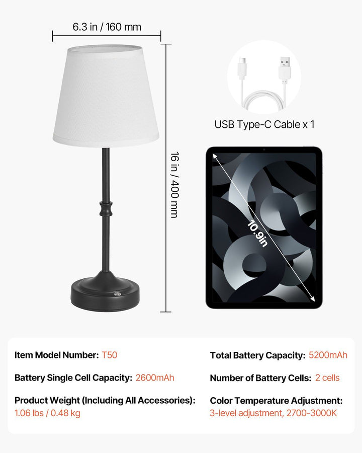 Cordless Table Lamp 5200mAh Rechargeable Battery Desk Lamp Fabric Shade Black
