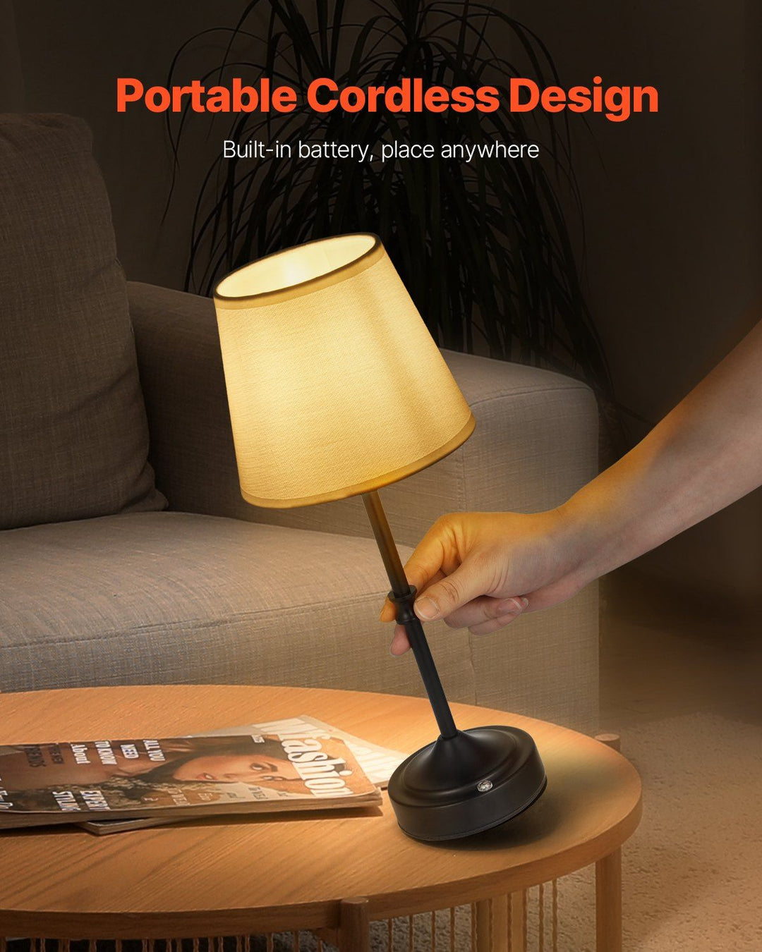 Cordless Table Lamp 5200mAh Rechargeable Battery Desk Lamp Fabric Shade Black