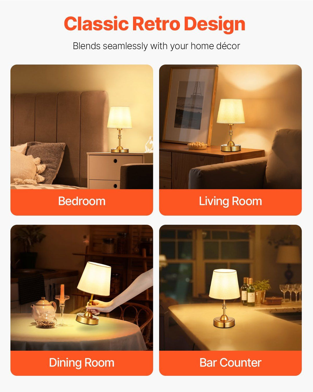 Cordless Table Lamp Rechargeable Battery Small Desk Lamp Fabric Shade Gold