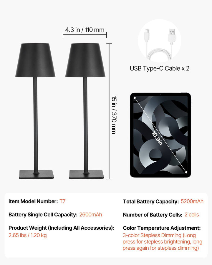 Cordless Table Lamp 2-Pack 5200mAh Built-in Rechargeable Battery Desk Lamp Black