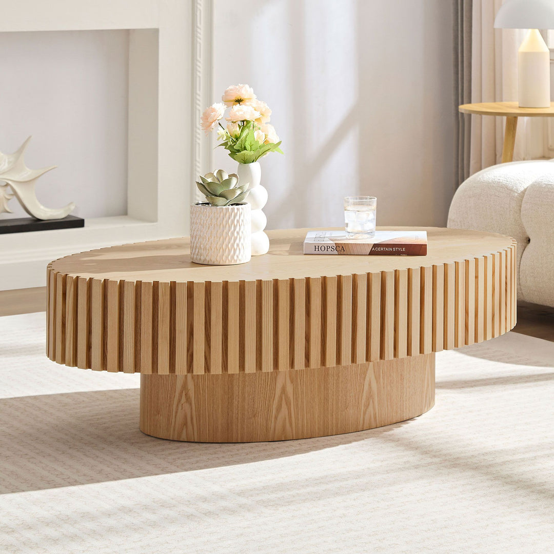 Modern Handcraft Drum Coffee Table Length 43.7 inch Ellipse Coffee Table for Living Room,Oval Small Coffee Table with Sturdy Pedestal