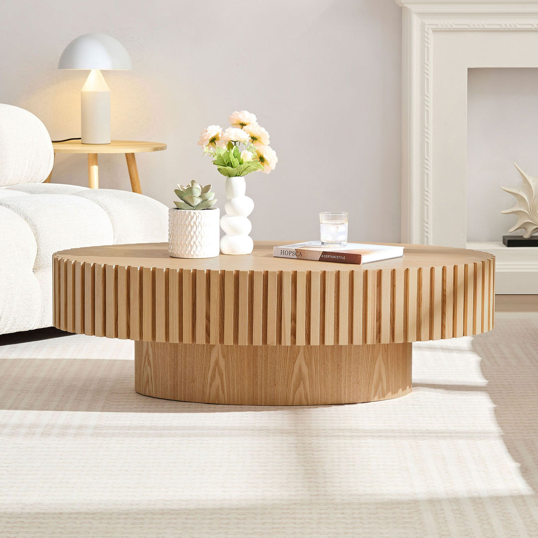 Modern Handcraft Drum Coffee Table Length 43.7 inch Ellipse Coffee Table for Living Room,Oval Small Coffee Table with Sturdy Pedestal