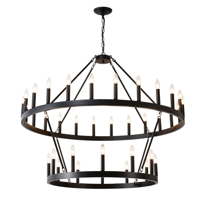 2 Tiers Wagon Wheel Chandelier Wooden Farmhouse 36-Light(24+12) or (12+24 ), Black Metal Chandeliers 2-Story Light Fixtures Industrial for High Ceiling Living Dining Room Foyer. Adjustable Height