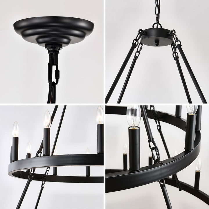 2 Tiers Wagon Wheel Chandelier Wooden Farmhouse 36-Light(24+12) or (12+24 ), Black Metal Chandeliers 2-Story Light Fixtures Industrial for High Ceiling Living Dining Room Foyer. Adjustable Height
