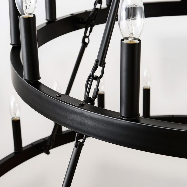 2 Tiers Wagon Wheel Chandelier Wooden Farmhouse 36-Light(24+12) or (12+24 ), Black Metal Chandeliers 2-Story Light Fixtures Industrial for High Ceiling Living Dining Room Foyer. Adjustable Height