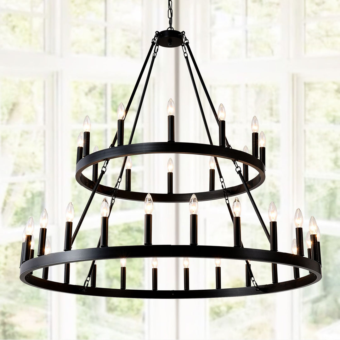 2 Tiers Wagon Wheel Chandelier Wooden Farmhouse 36-Light(24+12) or (12+24 ), Black Metal Chandeliers 2-Story Light Fixtures Industrial for High Ceiling Living Dining Room Foyer. Adjustable Height
