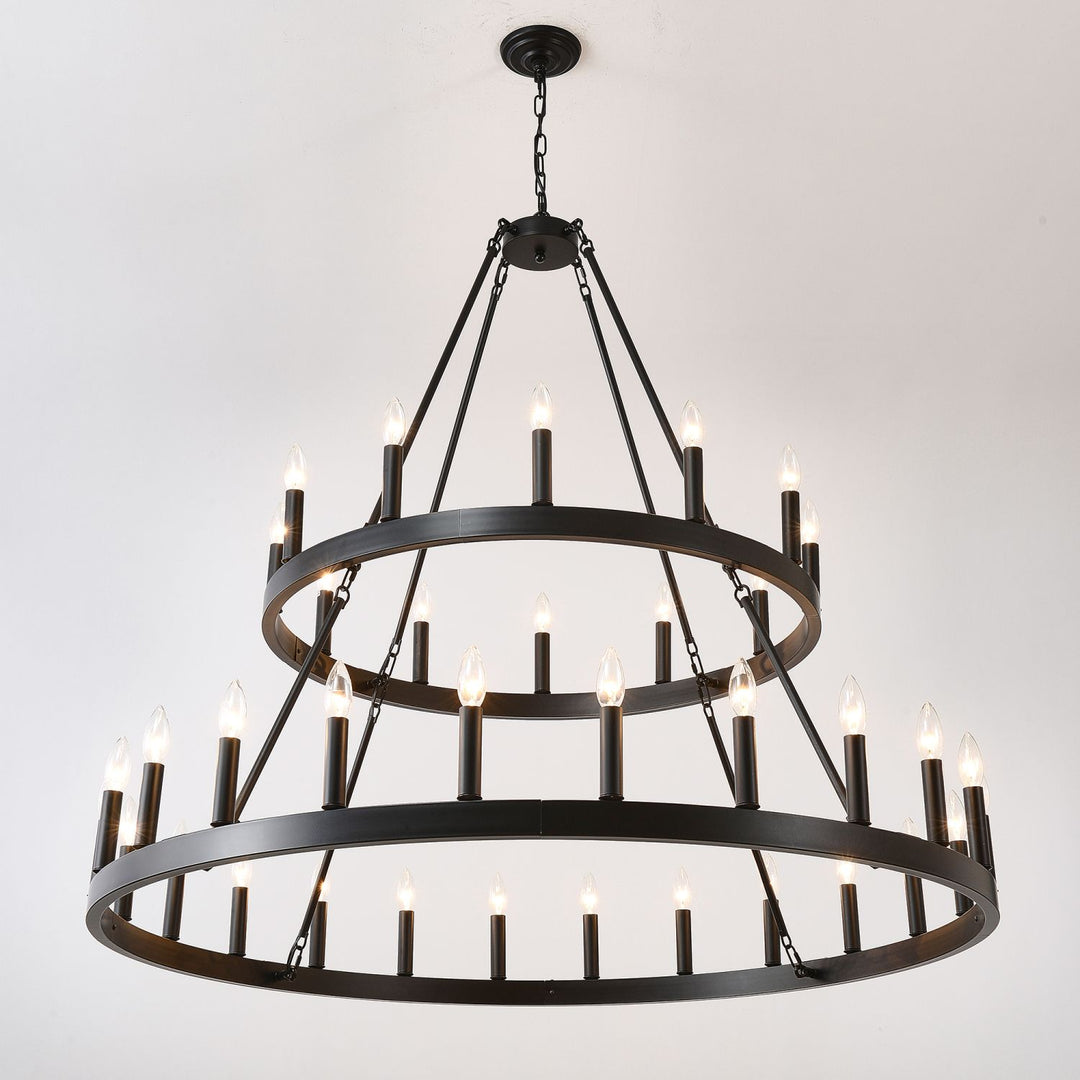 2 Tiers Wagon Wheel Chandelier Wooden Farmhouse 36-Light(24+12) or (12+24 ), Black Metal Chandeliers 2-Story Light Fixtures Industrial for High Ceiling Living Dining Room Foyer. Adjustable Height
