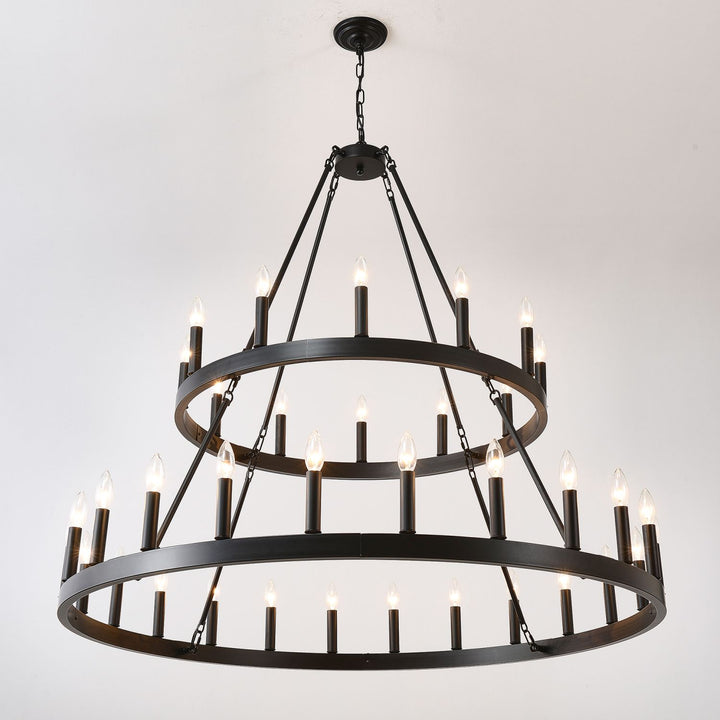 2 Tiers Wagon Wheel Chandelier Wooden Farmhouse 36-Light(24+12) or (12+24 ), Black Metal Chandeliers 2-Story Light Fixtures Industrial for High Ceiling Living Dining Room Foyer. Adjustable Height