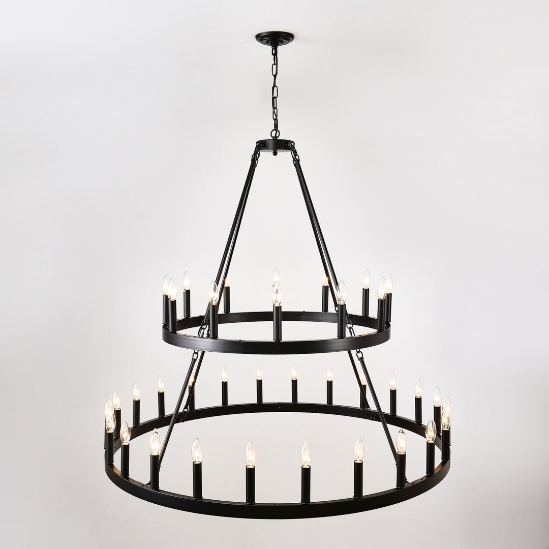2 Tiers Wagon Wheel Chandelier Wooden Farmhouse 36-Light(24+12) or (12+24 ), Black Metal Chandeliers 2-Story Light Fixtures Industrial for High Ceiling Living Dining Room Foyer. Adjustable Height