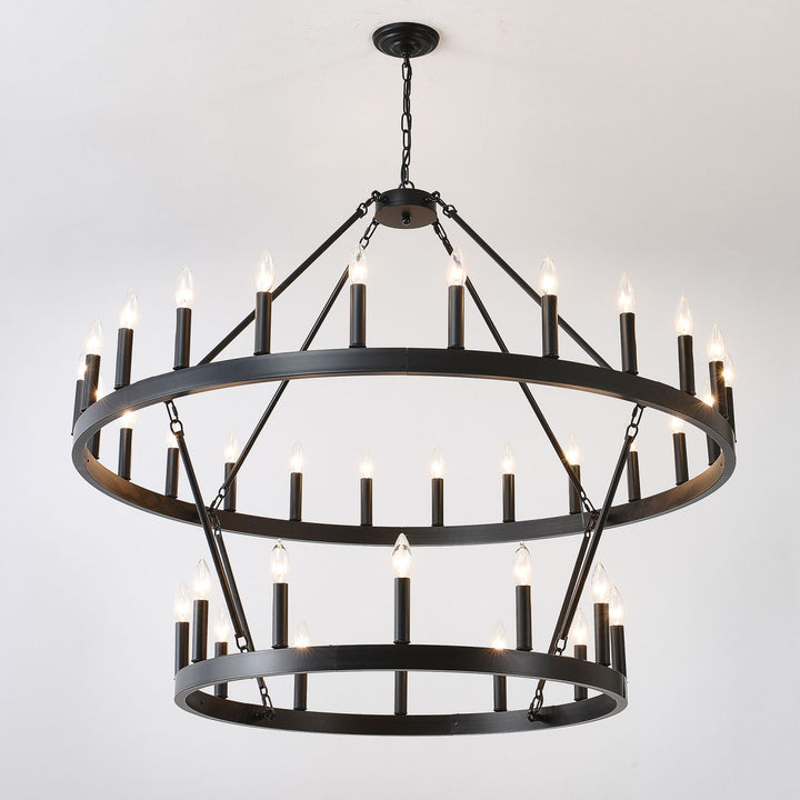 2 Tiers Wagon Wheel Chandelier Wooden Farmhouse 36-Light(24+12) or (12+24 ), Black Metal Chandeliers 2-Story Light Fixtures Industrial for High Ceiling Living Dining Room Foyer. Adjustable Height