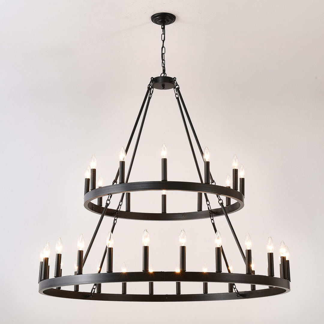 2 Tiers Wagon Wheel Chandelier Wooden Farmhouse 36-Light(24+12) or (12+24 ), Black Metal Chandeliers 2-Story Light Fixtures Industrial for High Ceiling Living Dining Room Foyer. Adjustable Height