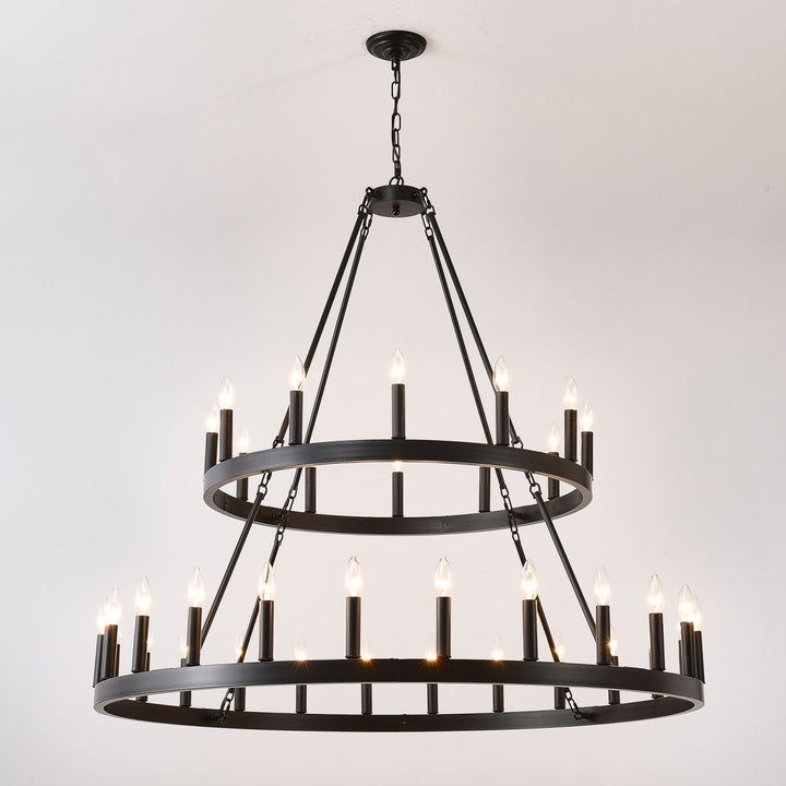 2 Tiers Wagon Wheel Chandelier Wooden Farmhouse 36-Light(24+12) or (12+24 ), Black Metal Chandeliers 2-Story Light Fixtures Industrial for High Ceiling Living Dining Room Foyer. Adjustable Height